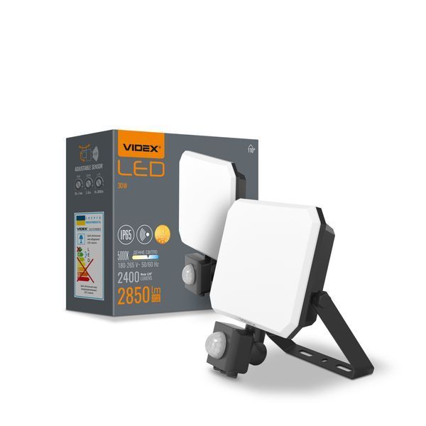 LED прожектор VIDEX F3 30W 5000K з датчиком руху 220V Black (VLE-F3-0305B-S) VLE-F3-0305B-S фото